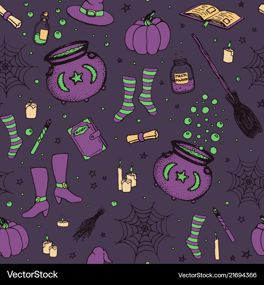 Halloween pattern with pumpkin witch hat broom