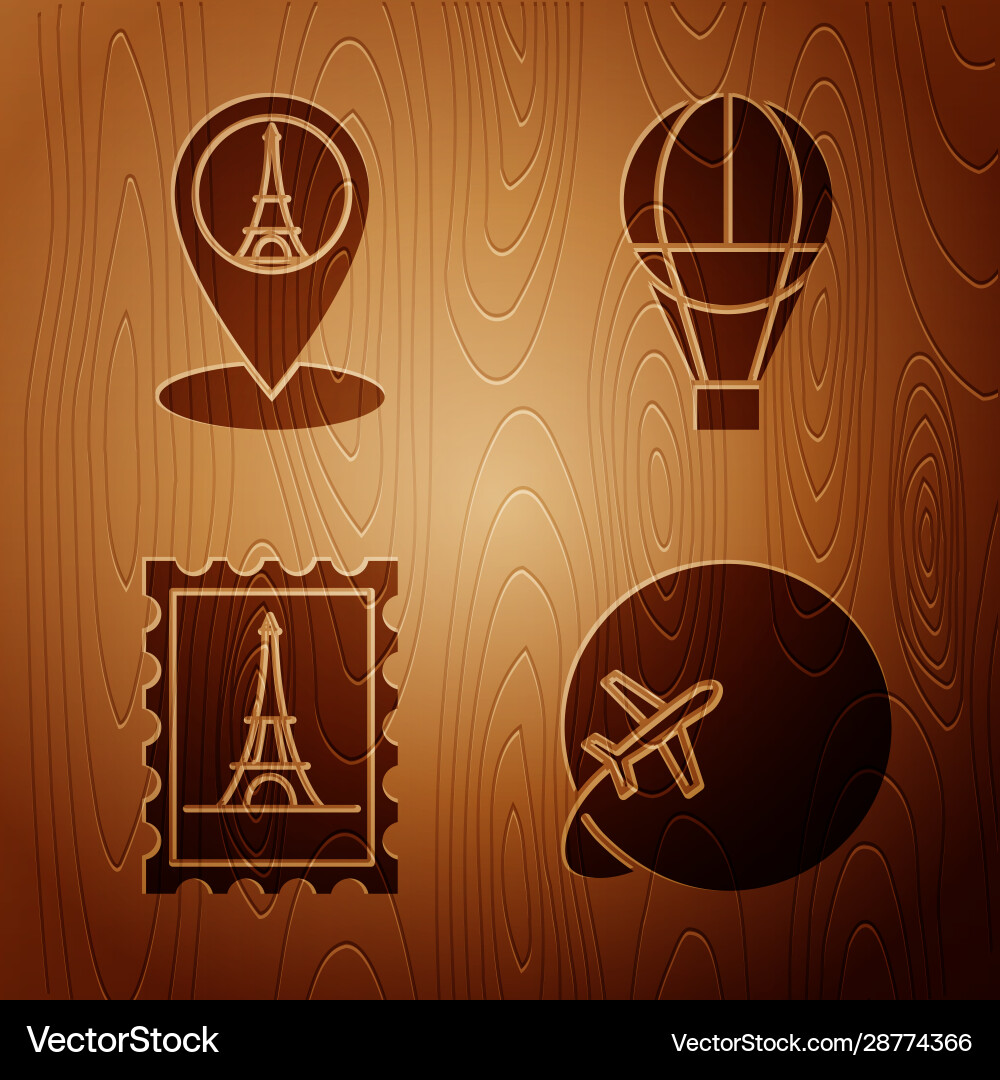 Set globe with flying plane map pointer Set globe with flying plane map pointer Vector Image