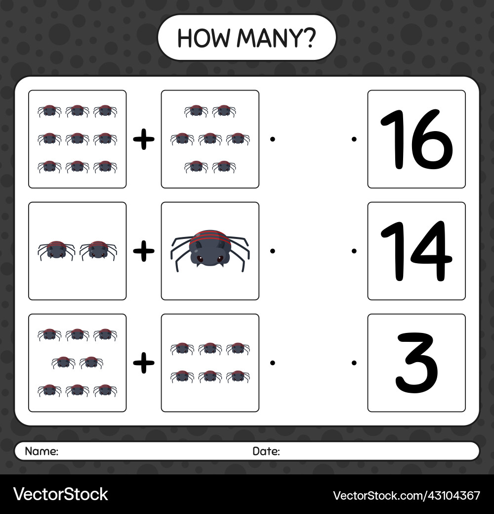 How many counting game with spider worksheet How many counting game with spider worksheet Vector Image
