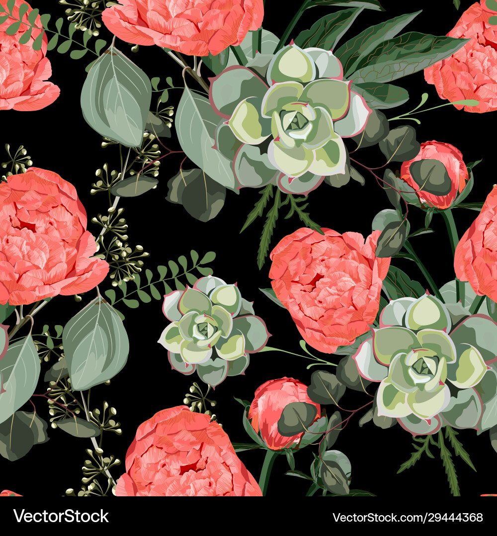 Coral Peony Floral Pattern vector image