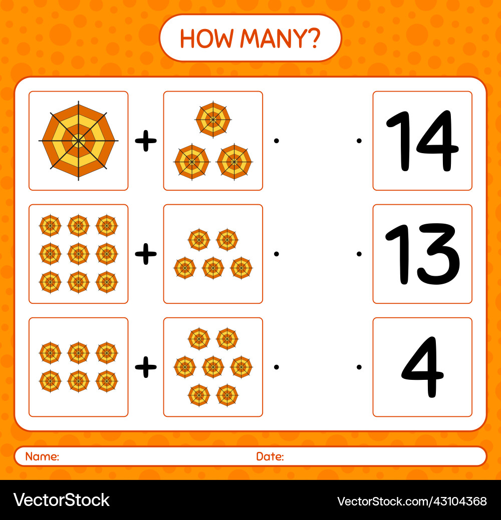 How many counting game with spider web worksheet Vector Image