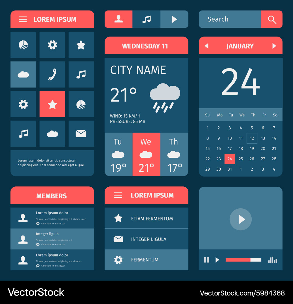 Red and blue set of mobile interface elements vector image