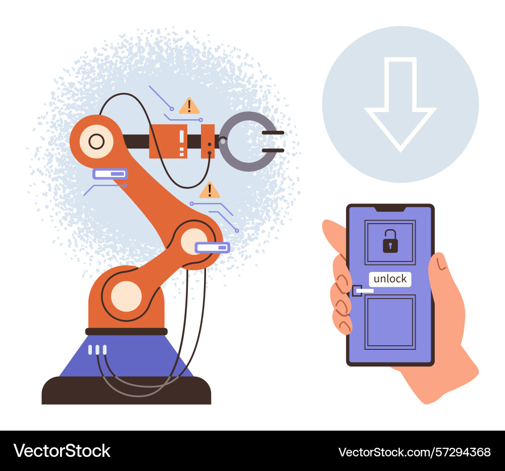 Robot arm controlled via mobile app for unlocking vector image