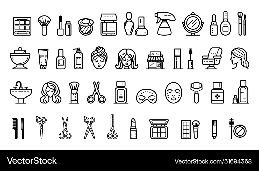 Various beauty and hairstyling icons in outline Various beauty and hairstyling icons in outline vector image