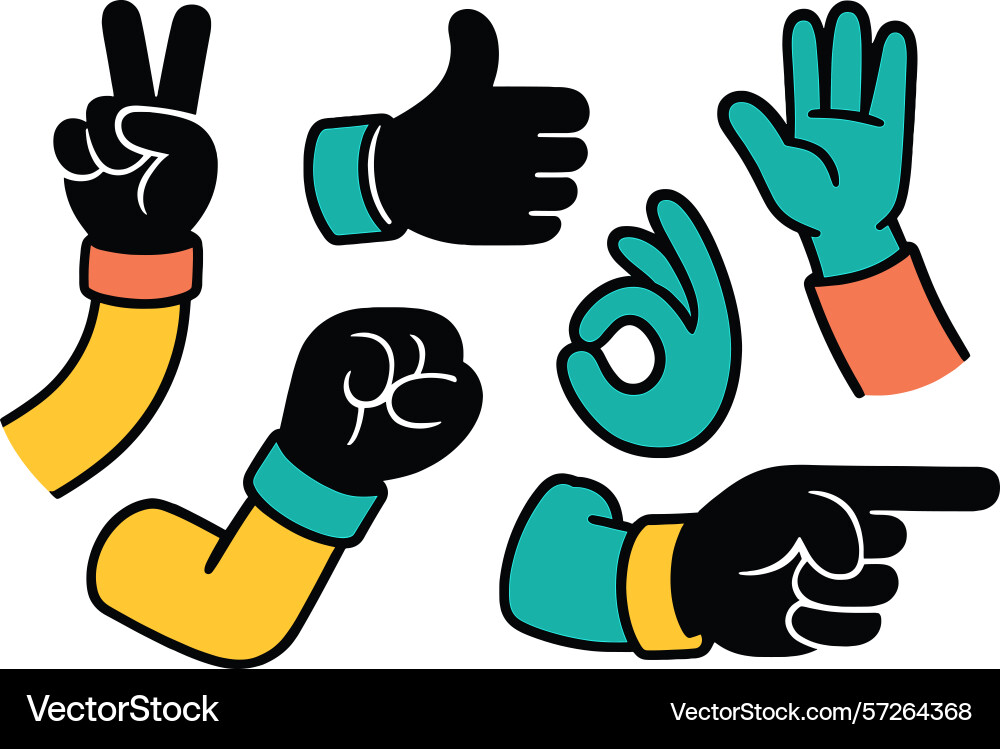 Various hand gestures displayed in colorful Various hand gestures displayed in colorful Vector Image