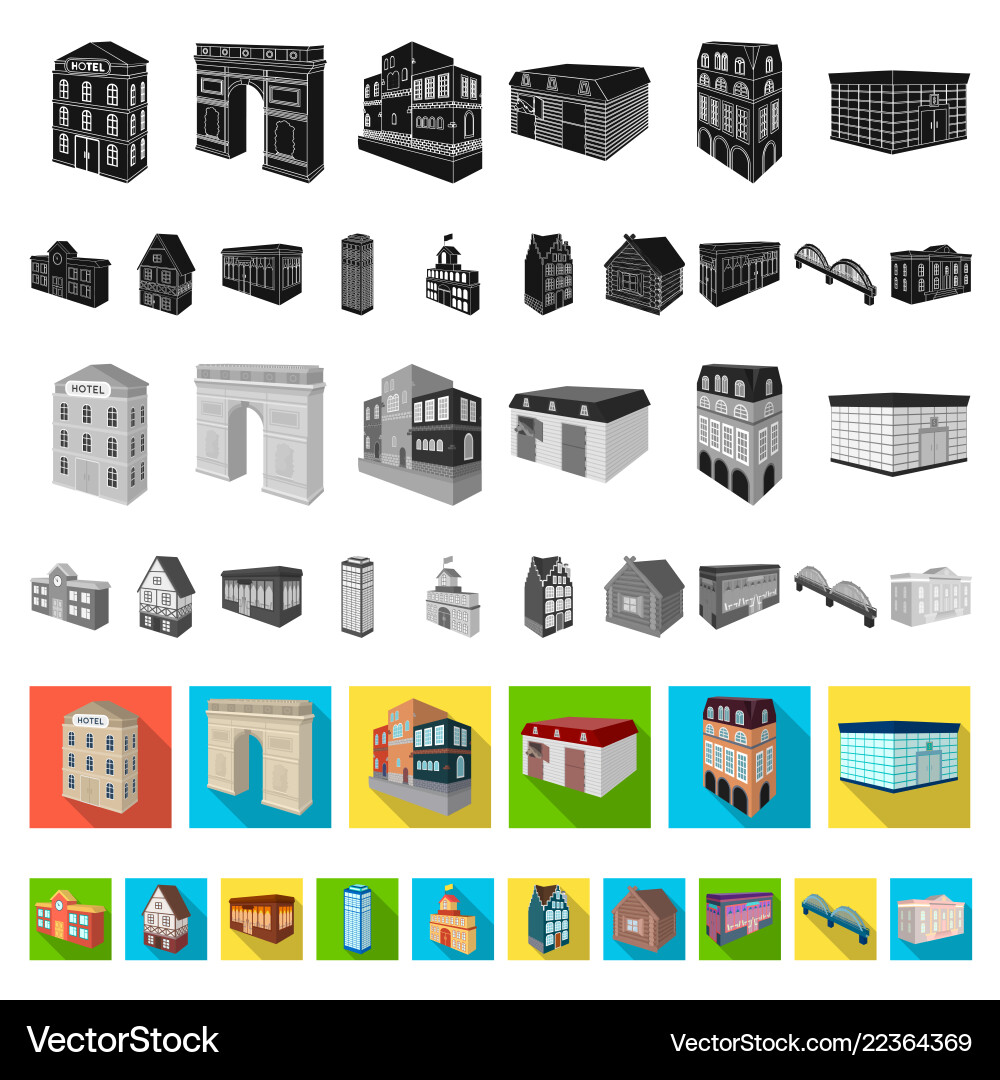 Building and architecture flat icons in set Building and architecture flat icons in set Vector Image