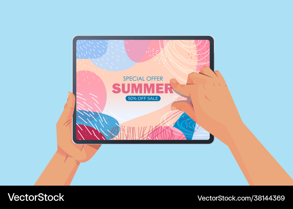 Menschliche Hände mit Tablette PC mit Sommerverkauf Menschliche Hände mit Tablette PC mit Sommerverkauf vektorbild