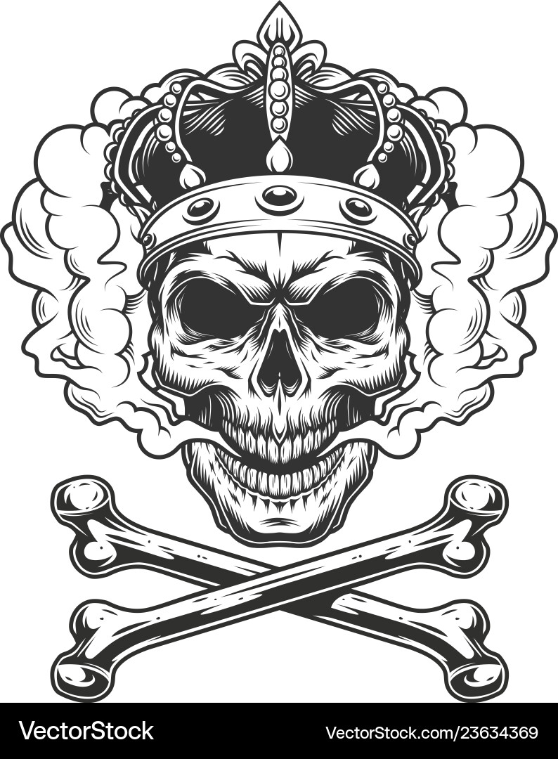 Vintage monochrome king skull wearing crown vector image