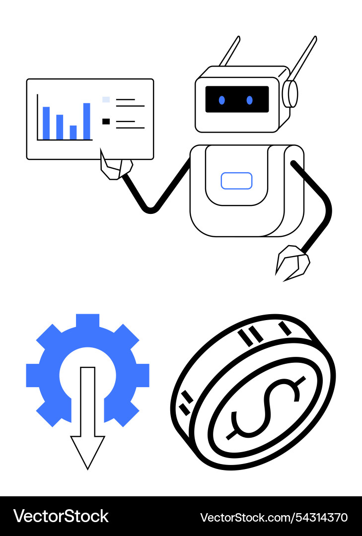 Robot holding data chart with gear and coin Robot holding data chart with gear and coin vector image