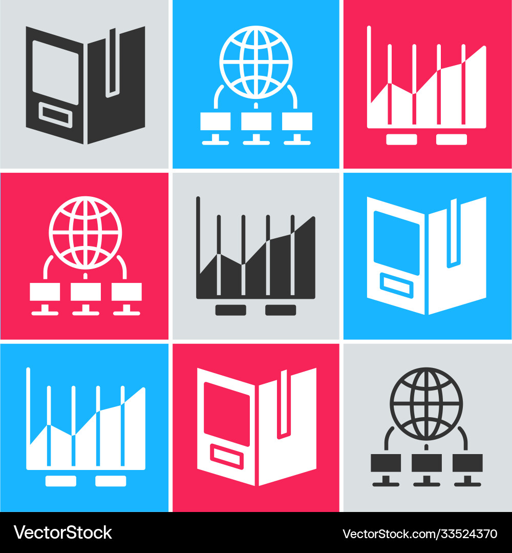 Set open book computer network and pie chart Set open book computer network and pie chart vector image