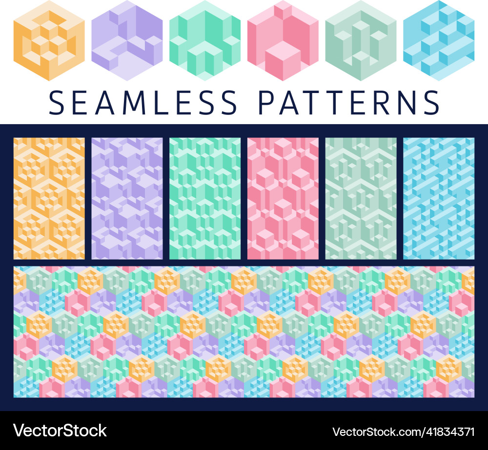 Set of 3d geometric seamless elements and patterns Set of 3d geometric seamless elements and patterns vector image