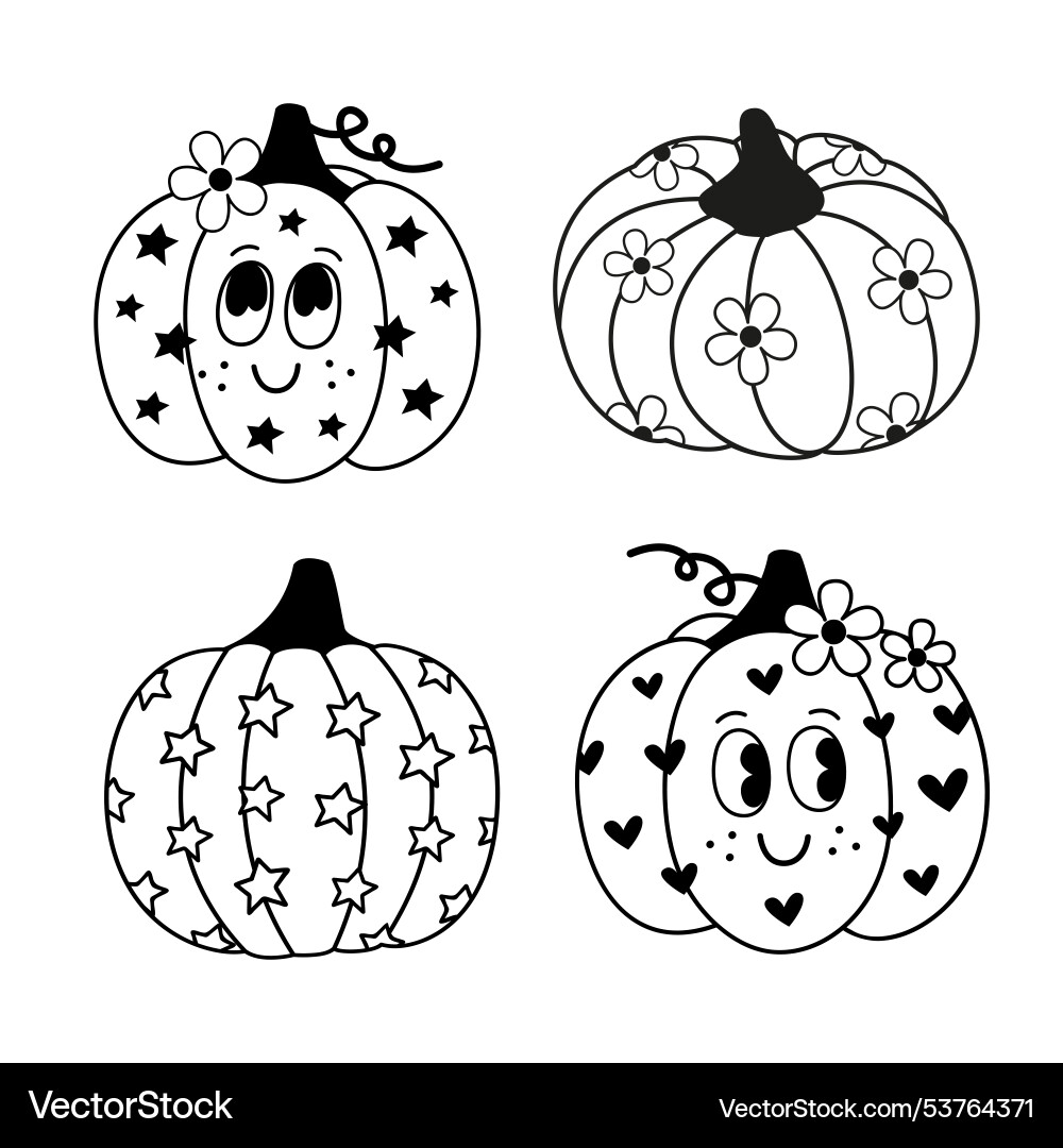 Set of isolated outline cute groovy pumpkins Set of isolated outline cute groovy pumpkins vector image
