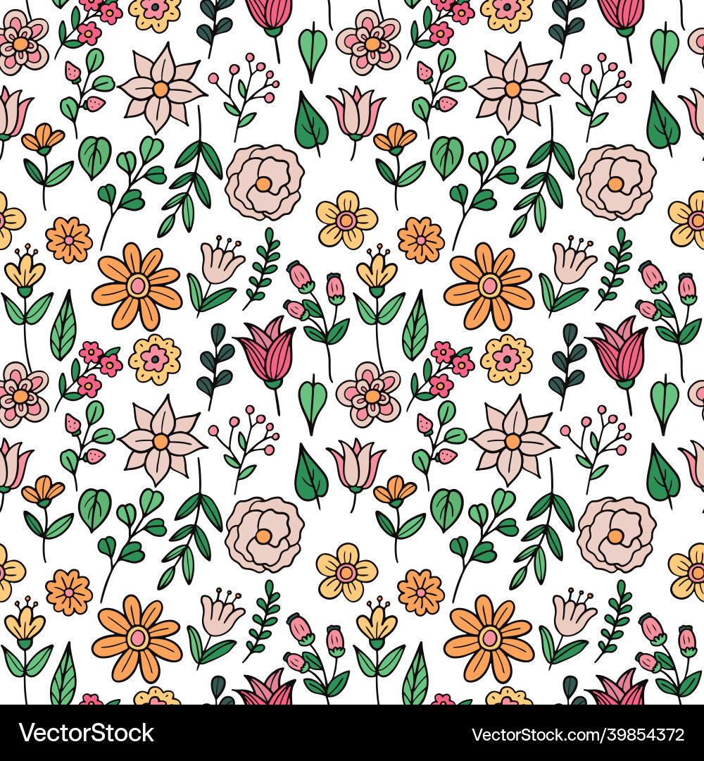 Doodle flowers and leaves pattern hand drawn Doodle flowers and leaves pattern hand drawn vector image