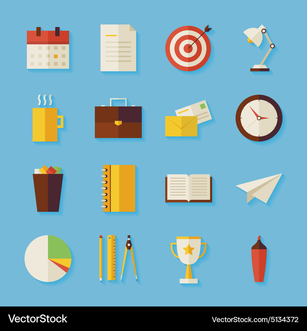 Flat business and office objects set with shadow vector image