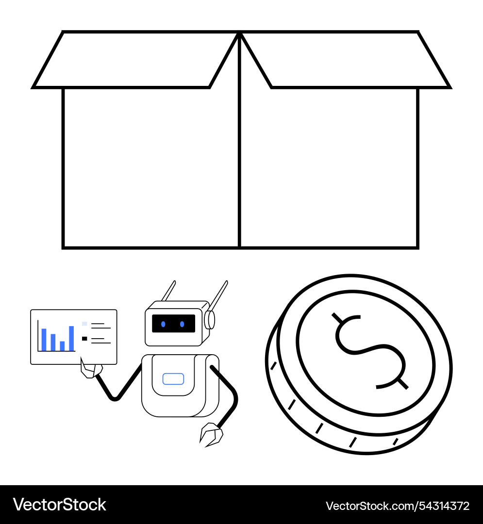 Robot presenting data analysis coin open box Robot presenting data analysis coin open box vector image