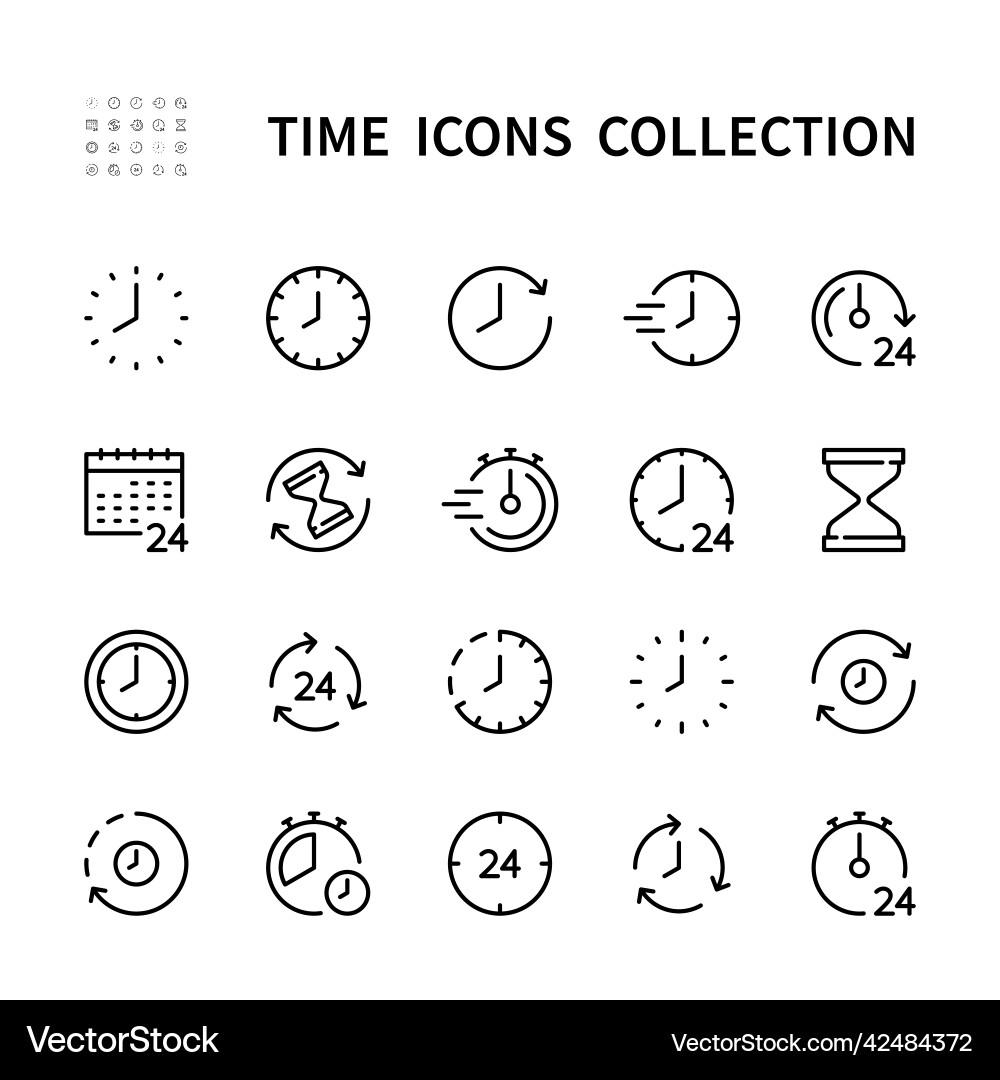 Time and clock linear icons set isolated Time and clock linear icons set isolated Vector Image