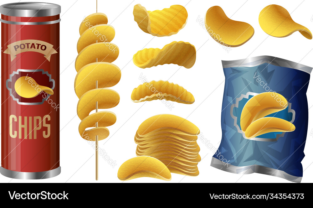 Chips potato icons set cartoon style Chips potato icons set cartoon style vector image