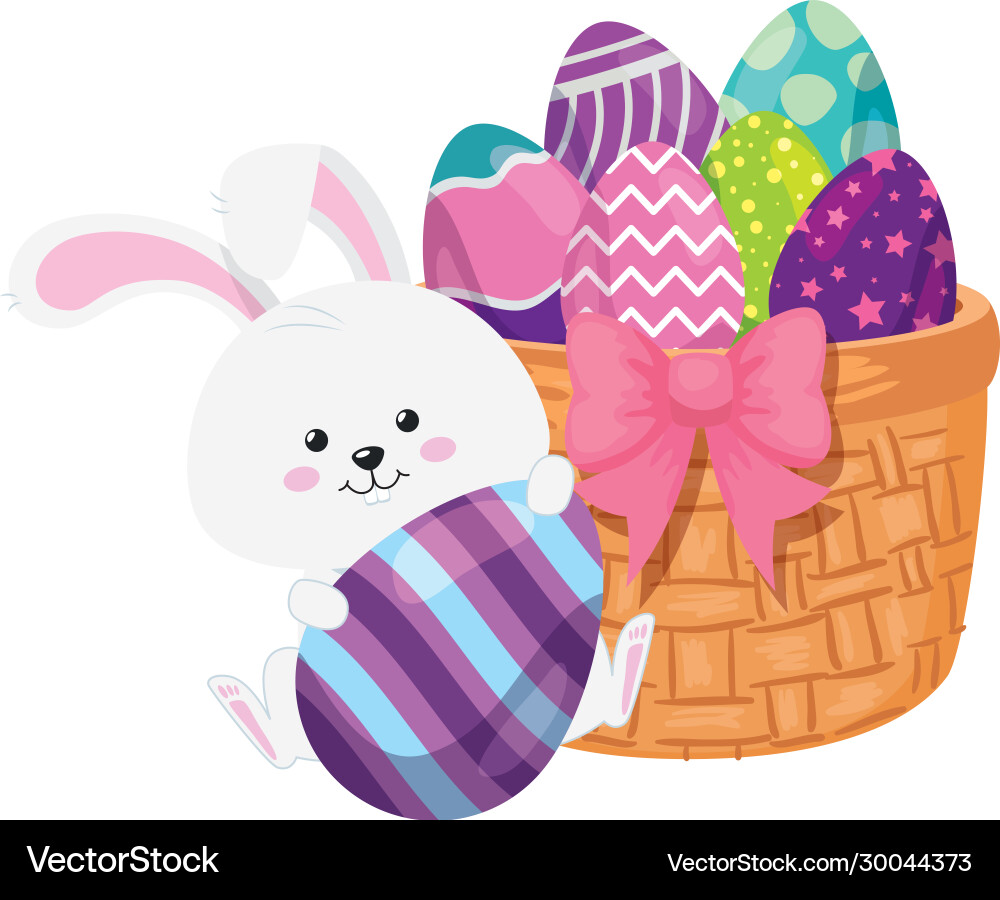 Rabbit and cute eggs easter decorated with basket Rabbit and cute eggs easter decorated with basket vector image