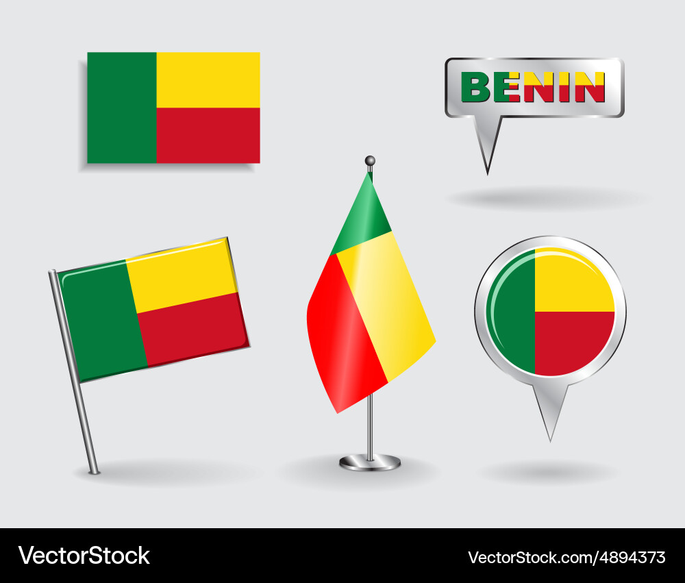 Set of benin pin icon and map pointer flags vector image