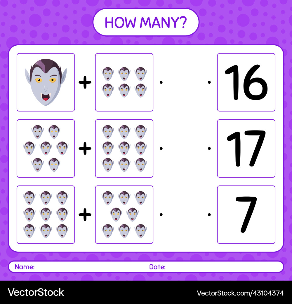 How many counting game with vampire worksheet How many counting game with vampire worksheet vector image
