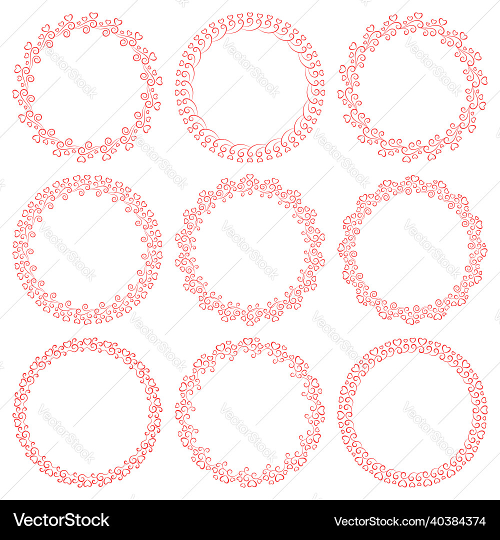 Set of round elegant frames with red hearts vector image