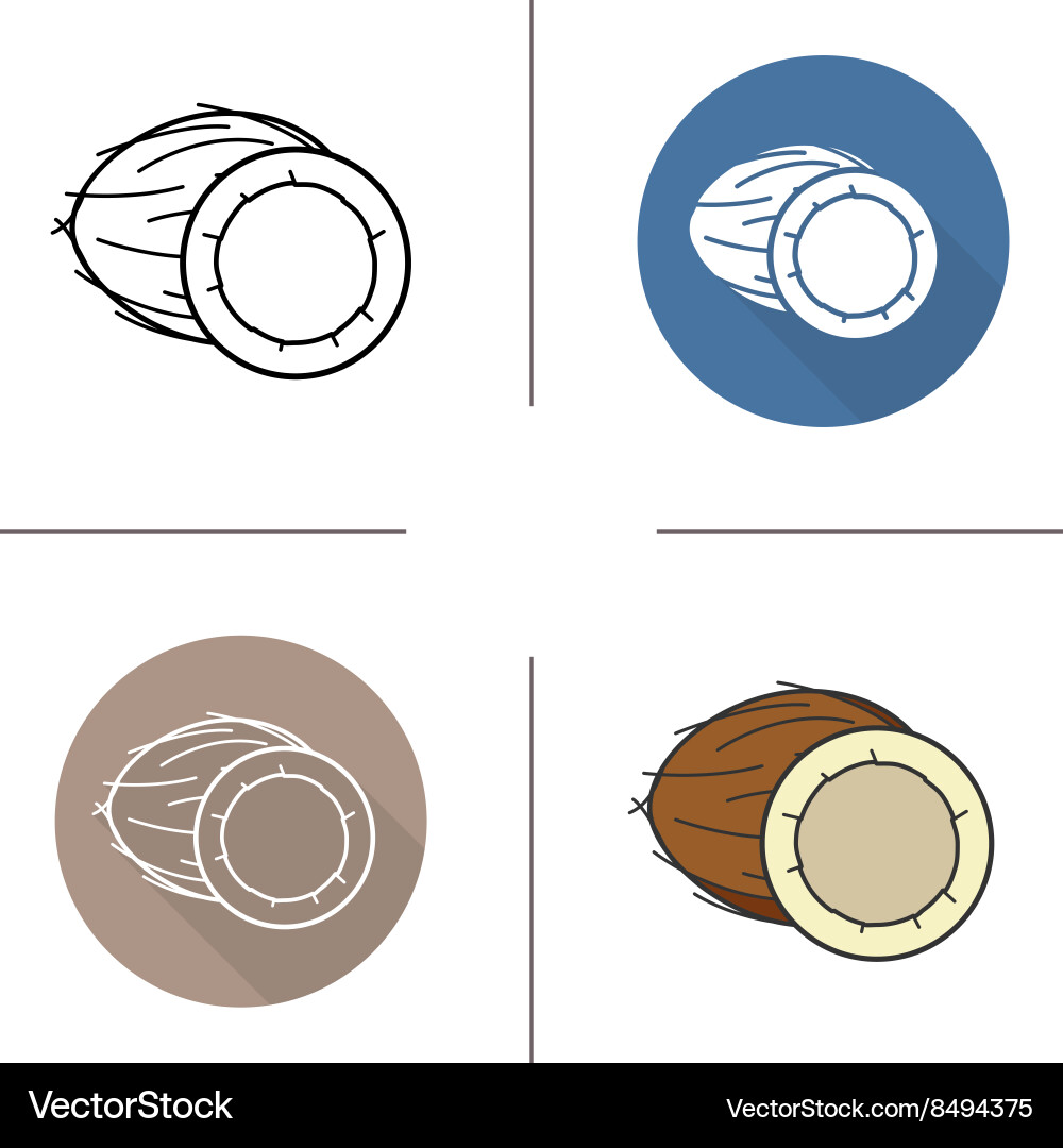 Coconut flat design linear and color icons set vector image
