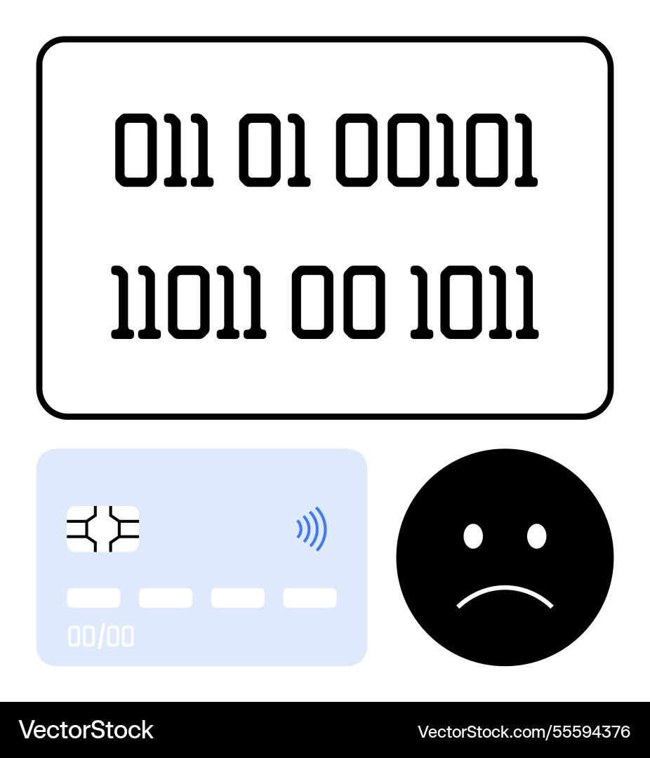 Binary code with credit card and sad face Binary code with credit card and sad face Vector Image