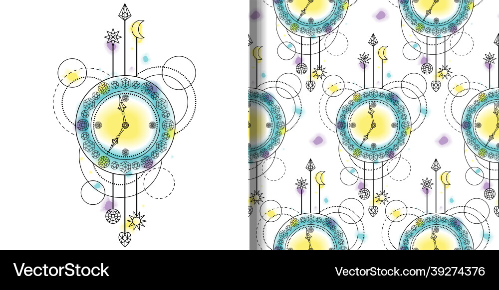 Watercolor clock print and seamless pattern Watercolor clock print and seamless pattern vector image