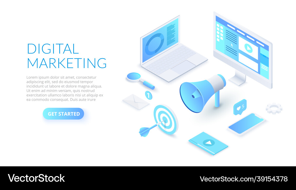 Digital marketing design concept with computer Digital marketing design concept with computer vector image