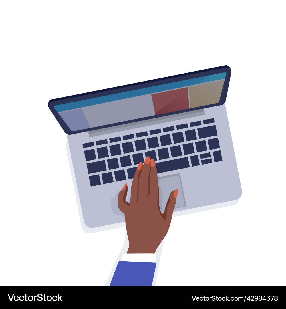 Table top view female hand and laptop cartoon Table top view female hand and laptop cartoon vector image