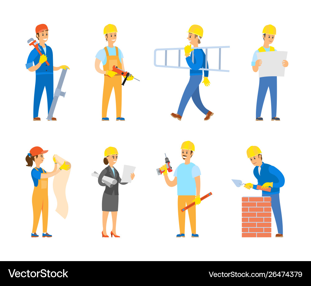 Engineers and builders with tools instruments Vector Image