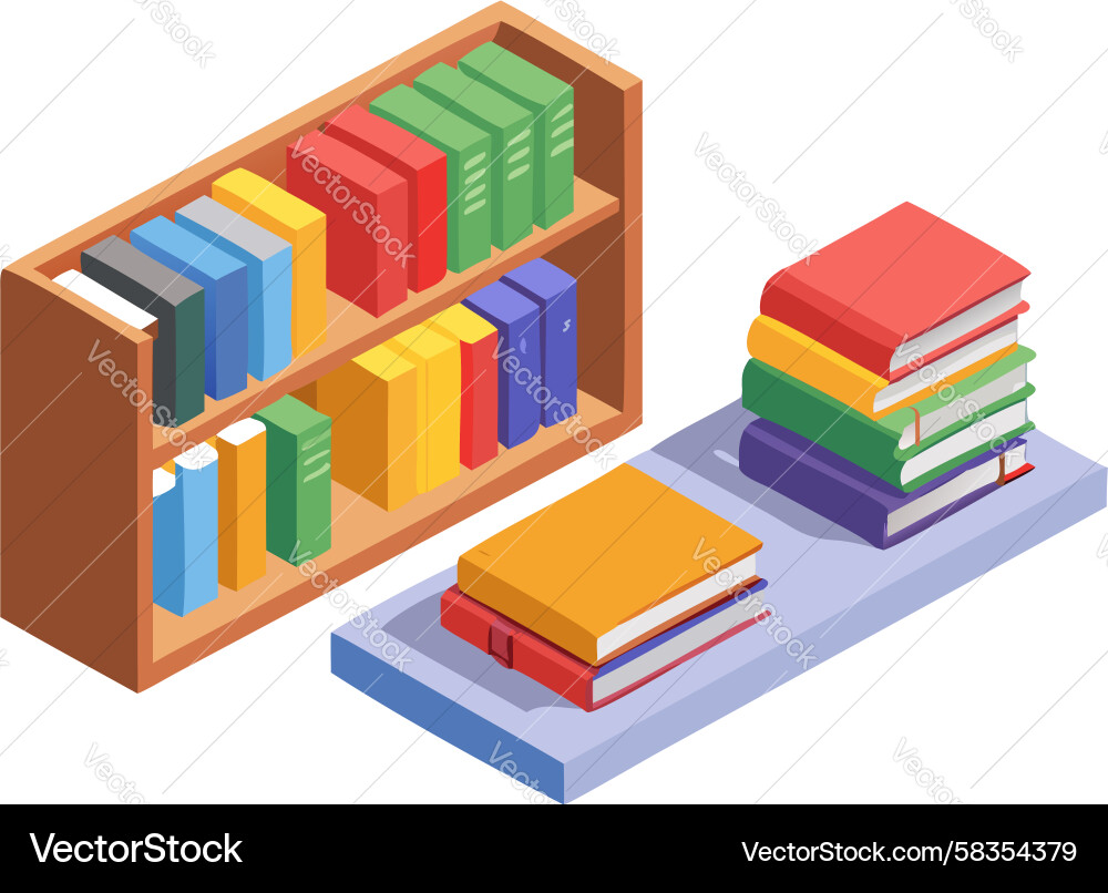 Isometric Bookshelf with Stack Vector Image