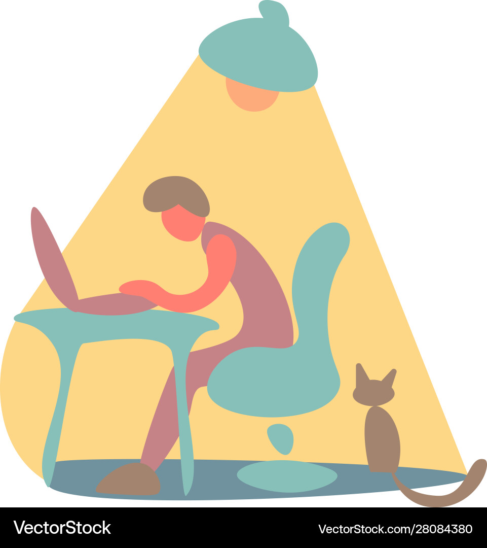 A man works on computer at home color flat A man works on computer at home color flat Vector Image