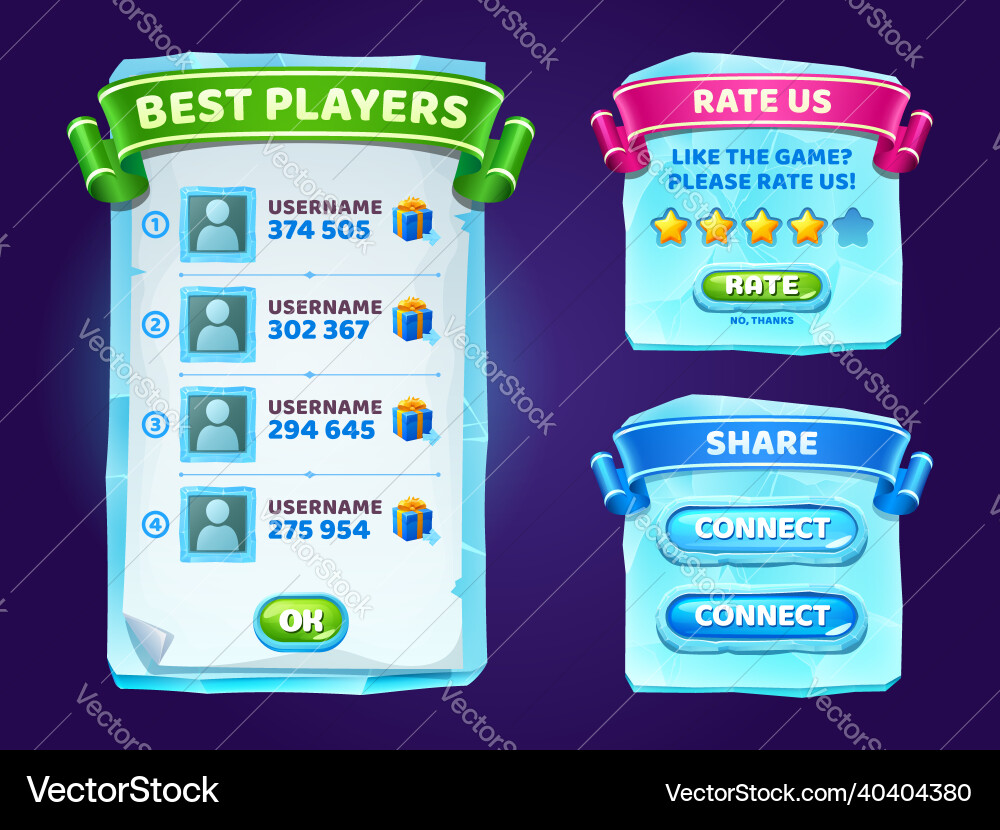 Ice crystals game menu gamer ui panel with buttons vector image