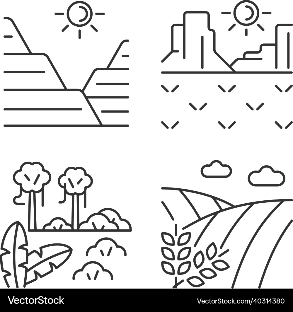 Landforms linear icons set Landforms linear icons set Vector Image