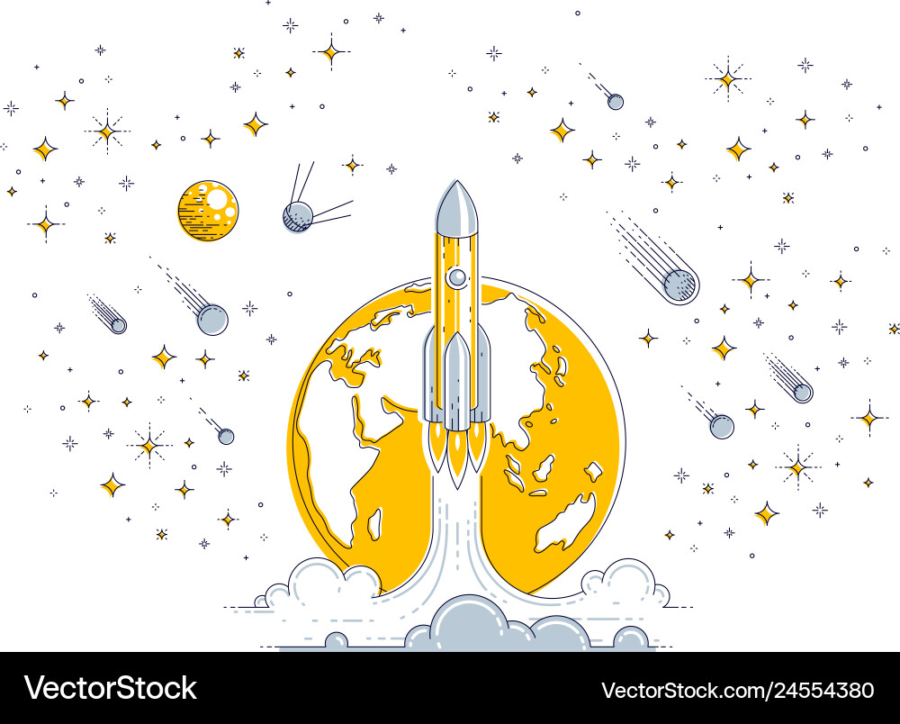 Rocket launch into undiscovered space with planet Vector Image