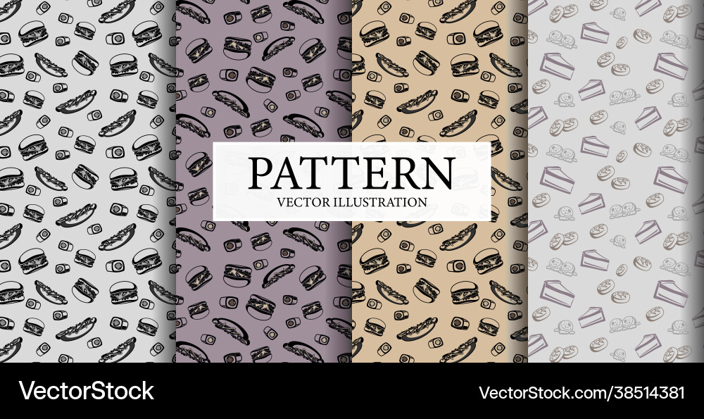 Assembly seamless patterns different food from vector image