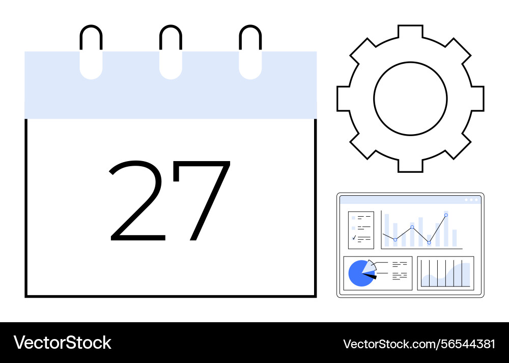 Calendar date with analytics dashboard and gear Calendar date with analytics dashboard and gear vector image