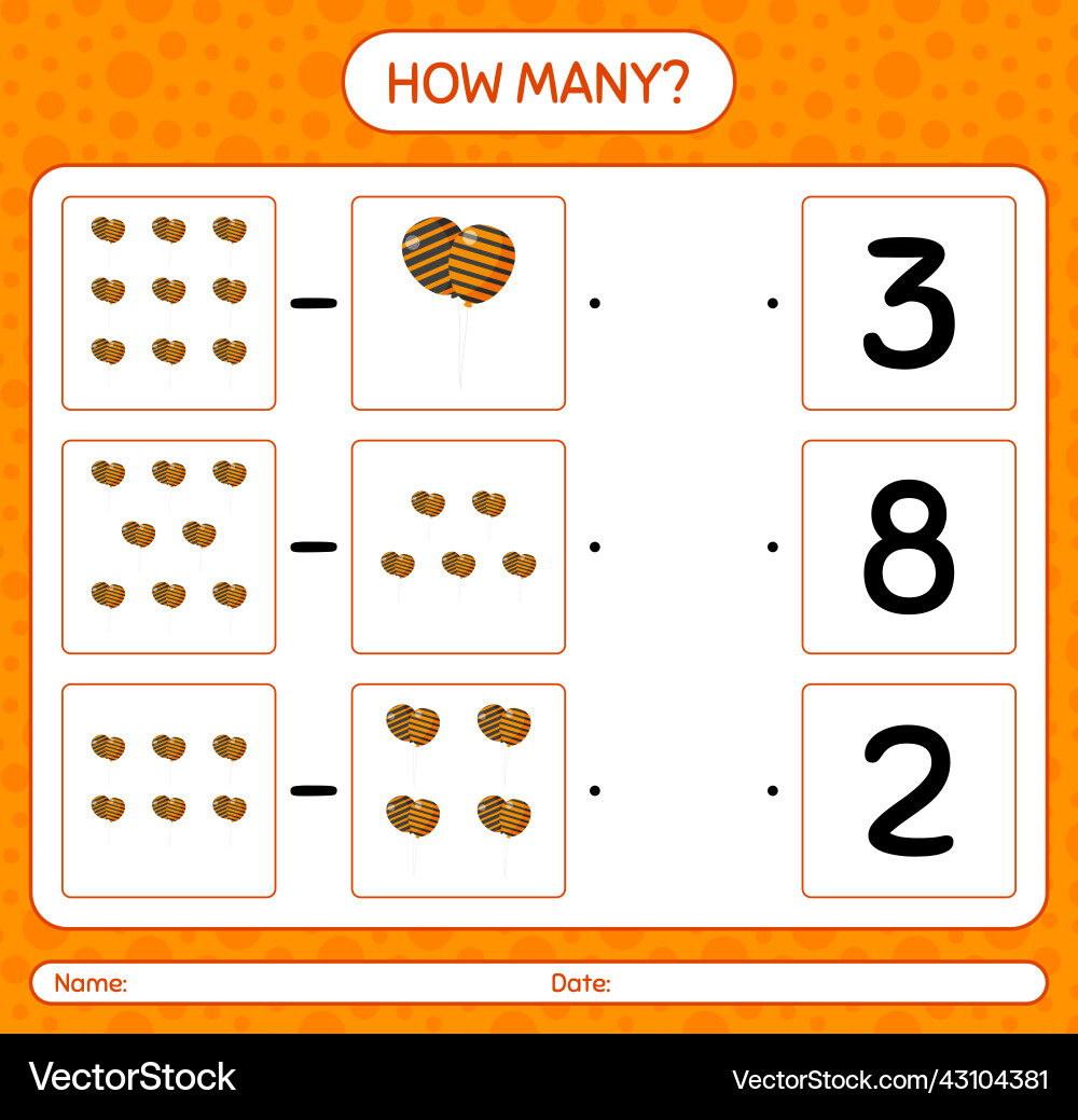 How many counting game with balloon worksheet How many counting game with balloon worksheet Vector Image