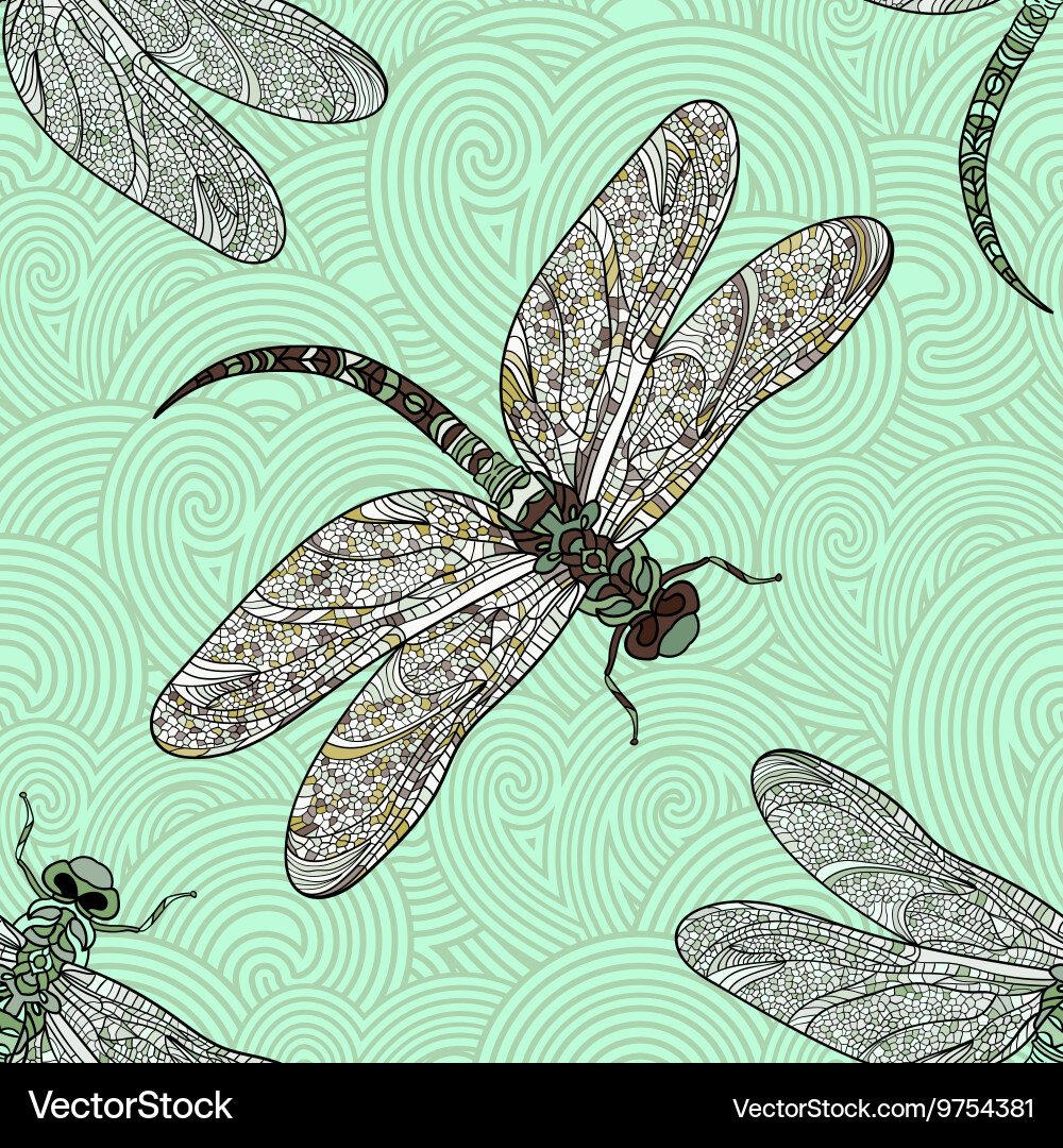 Seamless pattern with dragonfly on a green Vector Image