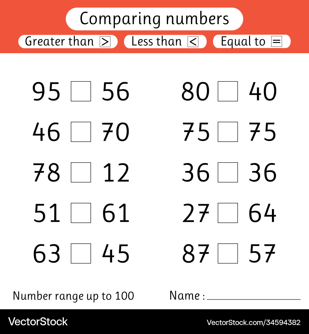 Comparing Numbers: Less Than, Greater Than, Equal Vector Image