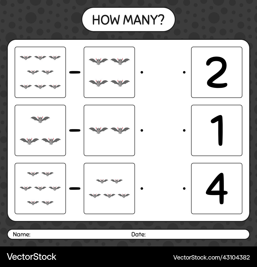 How many counting game with bat worksheet How many counting game with bat worksheet vector image