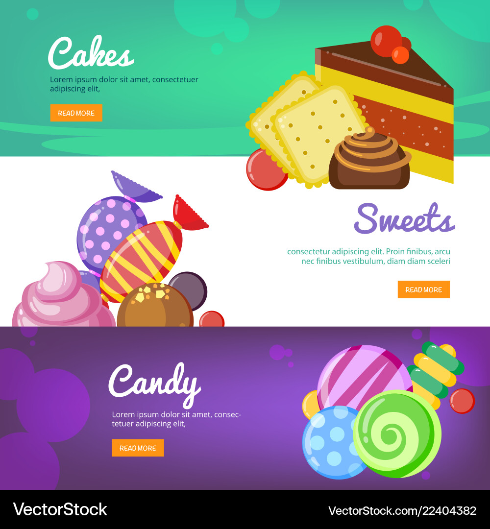 Süße Banner Süßigkeiten Lollipop Gelee und Kuchen Süße Banner Süßigkeiten Lollipop Gelee und Kuchen vektorbild