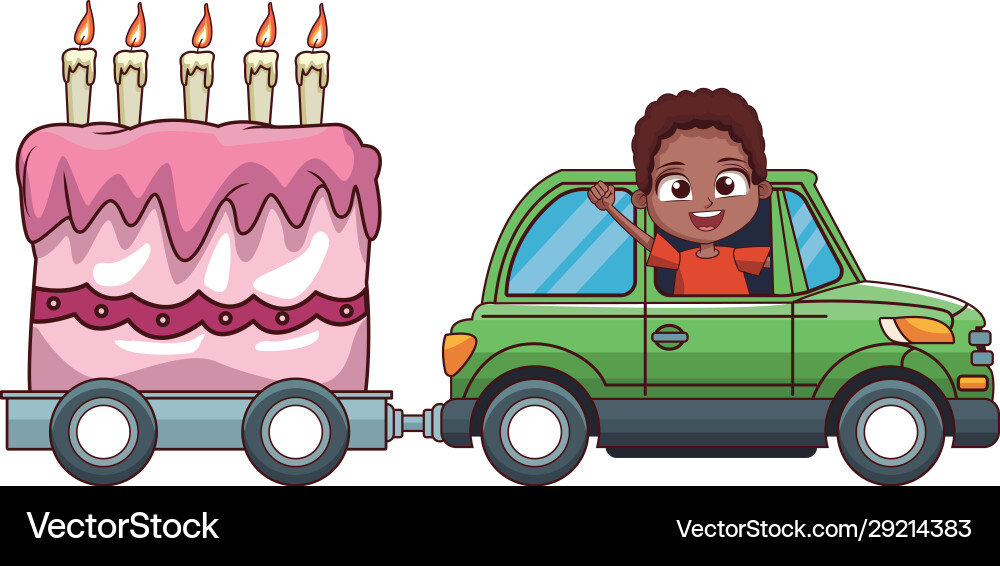 Cartoon boy in a car with big birthday cake Cartoon boy in a car with big birthday cake vector image