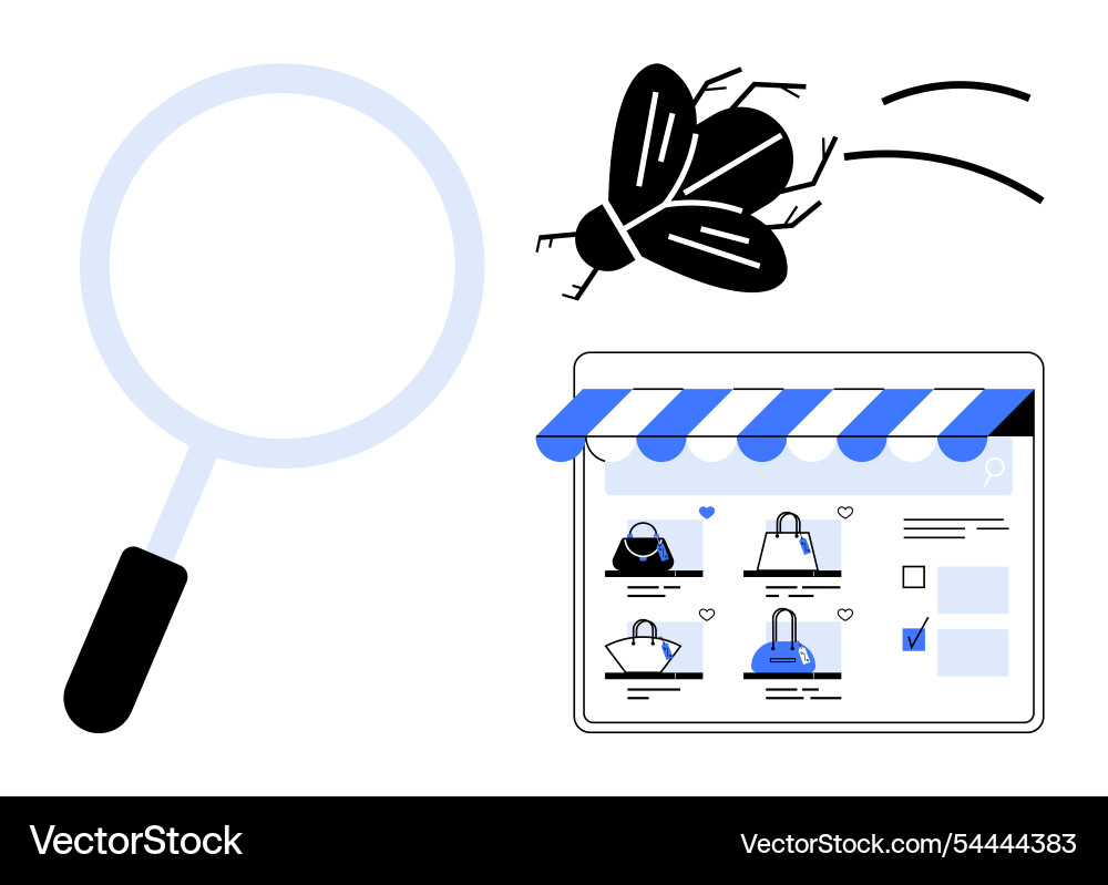 Catching a bug in online store with magnifying Catching a bug in online store with magnifying Vector Image