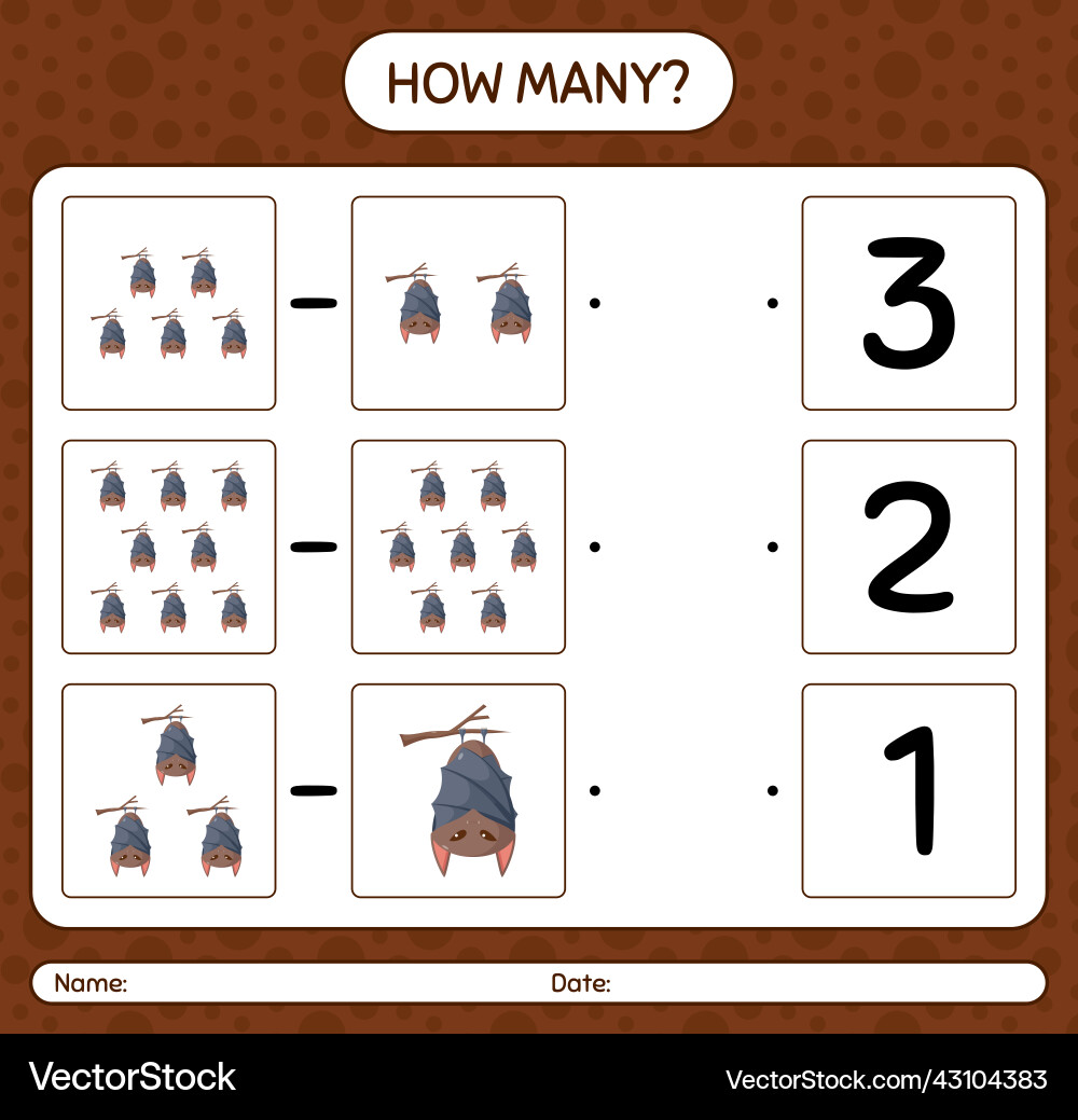 How many counting game with bat worksheet How many counting game with bat worksheet vector image