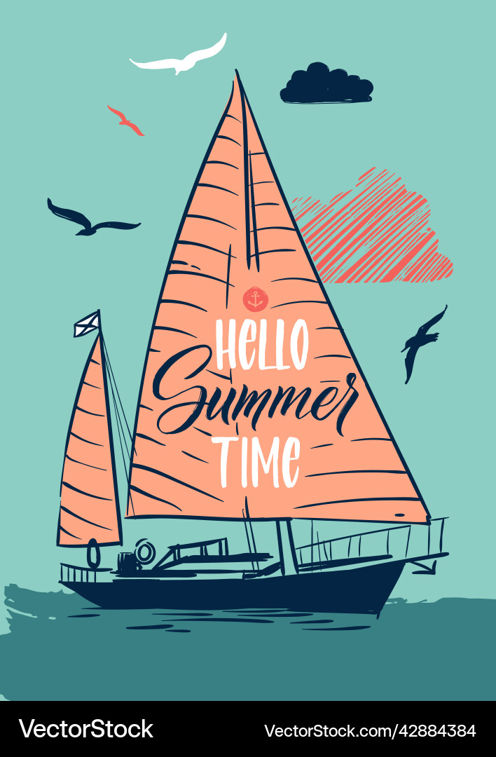 Hello summer time poster retro sailing ship flyer vector image