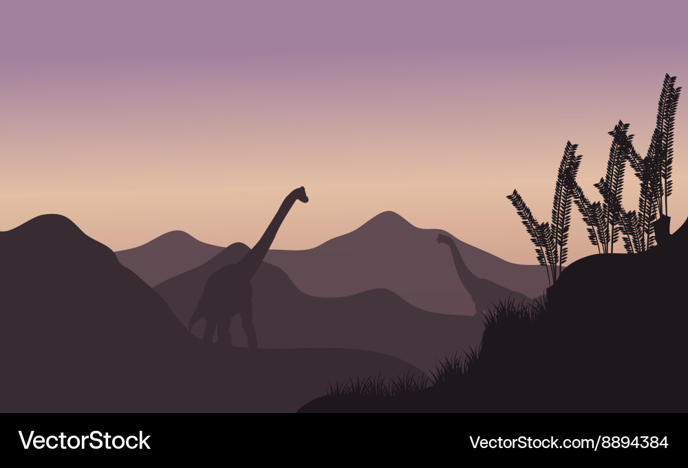 Silhouette of two brachiosaurus in fields Vector Image