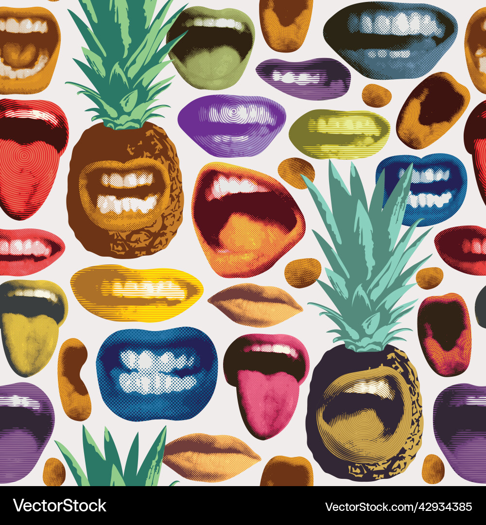 Seamless pattern with color mouths and pineapples Seamless pattern with color mouths and pineapples vector image