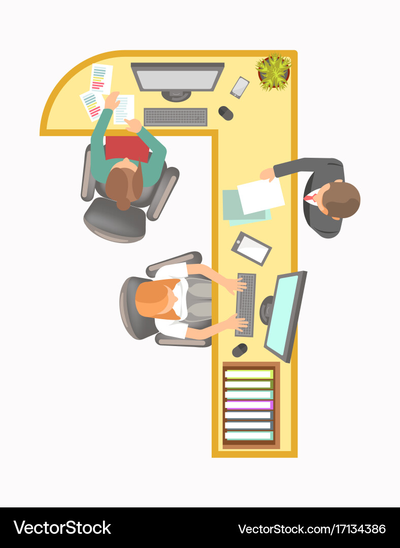 Long angular office table with computers Vector Image